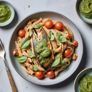 High-Protein Mackerel and Tomato Pasta with Almond Mint Pesto: Perfect for Summer
