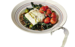 Herby Cod with Cherry Tomatoes, Olives, and Lentils: A Flavorful Recipe
