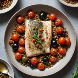 Herby Cod with Cherry Tomatoes, Olives, and Lentils: A Flavorful Recipe
